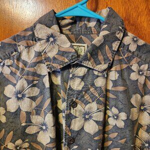 Men's Large Morro Bay Green/Beige Hawaiian Short Sleeve Button Down Shirt